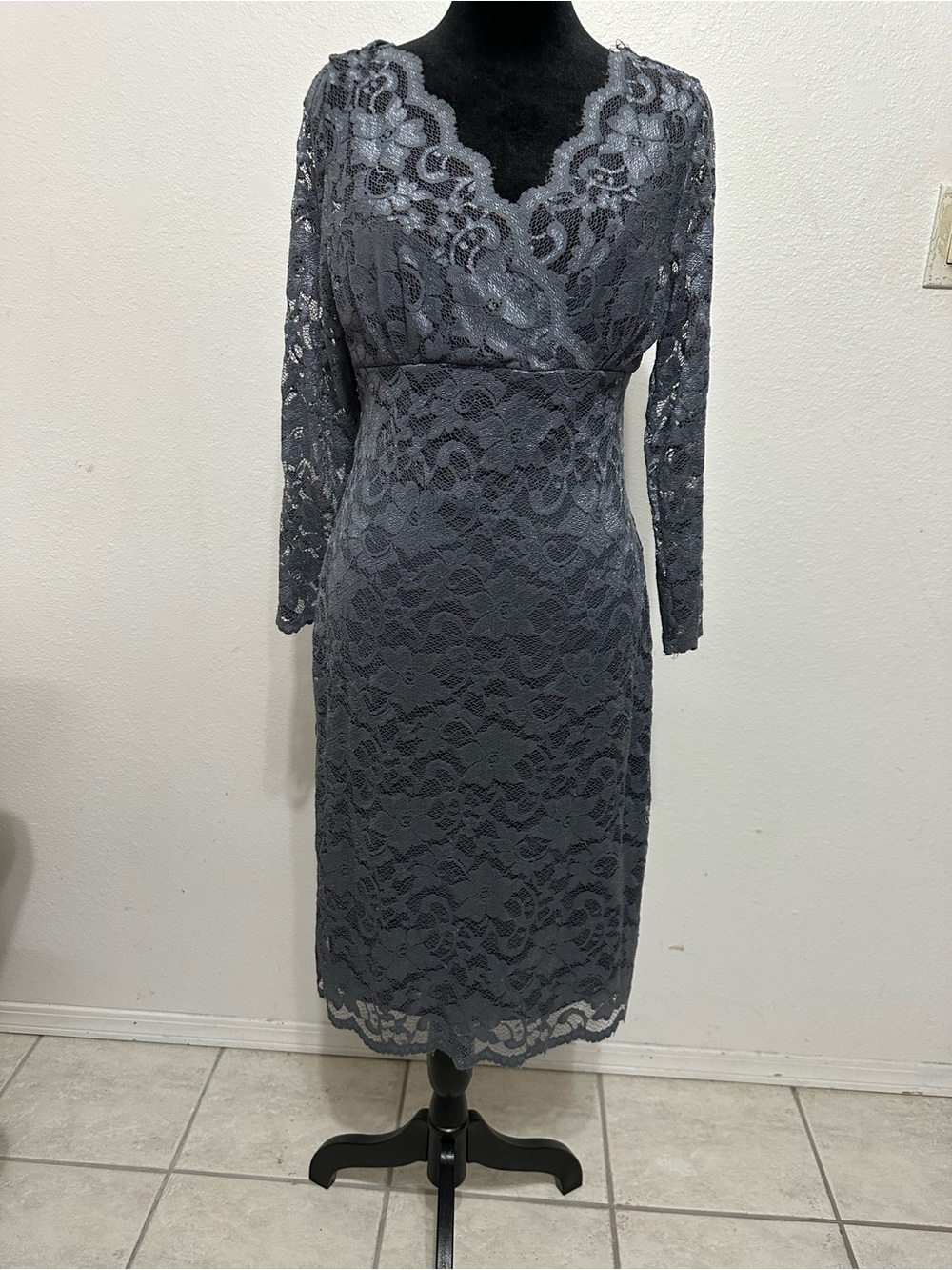 Lace Wrap-Front Sheath Dress in Charcoal Gray